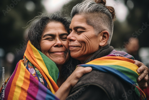 Elderly white lesbian couple hugging wrapped in pride flag - Generative AI photo