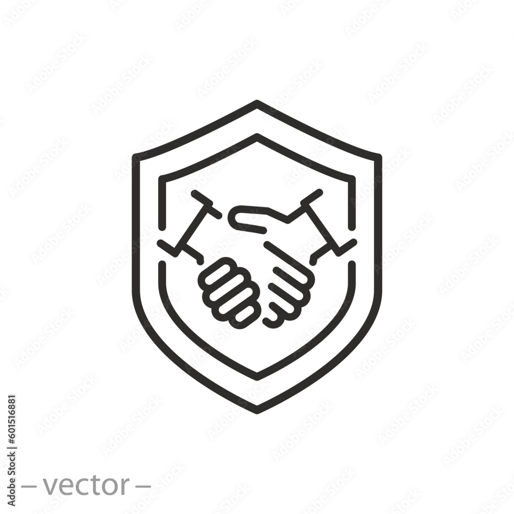 reliability icon, shield with handshake, business protection, thin line symbol on white background - editable stroke vector illustration eps10