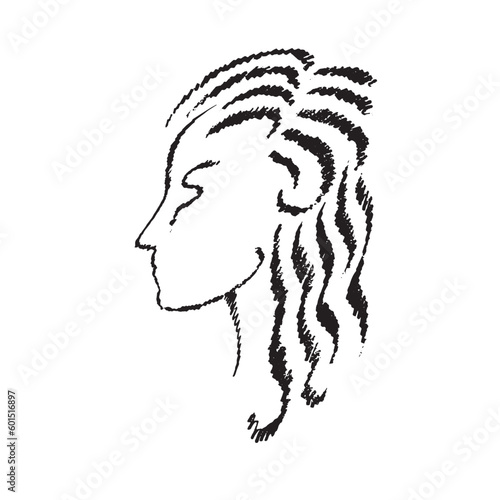 Female face hand-drawn doodle. Woman profile with the hairstyle. Suitable for barbershop design, postcards, print, emblems, and logos. Vector illustration.