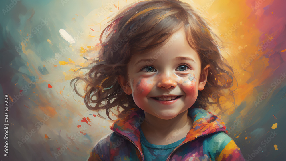 Little kid girl on abstract colorful paint background. Generative AI Little kid girl on abstract colorful paint background. Generative AI