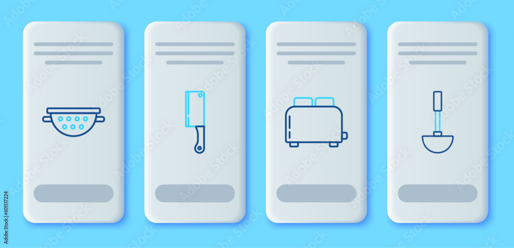 Set line Meat chopper, Toaster with toasts, Kitchen colander and ladle icon. Vector Set line Meat chopper, Toaster with toasts, Kitchen colander and ladle icon. Vector