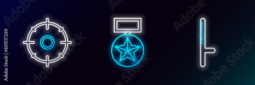 Set line Police rubber baton, Target sport for shooting competition and Military reward medal icon. Glowing neon. Vector