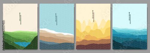 Vector illustration. Linear japanese pattern. Misty mountain peaks, water by hills, desert. Colorful background. Asian style. Design for poster, postcard, cover, brochure, layout. Retro wall art