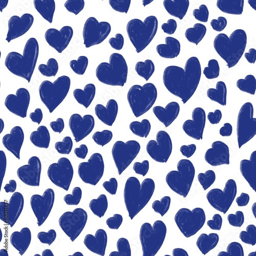 Seamless abstract holiday pattern. Simple background on dark blue, white colors. Illustration. Hand drawn hearts. Designed for textile fabrics, wrapping paper, background, wallpaper, cover.