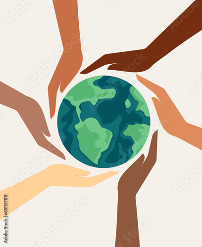 Happy earth day. Different nationality's hands hold and protect our Planet and. Hands protect the Earth. Earth Day. Vector illustration in flat cartoon style.