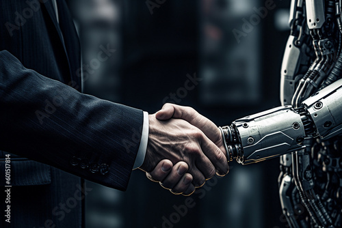 Businessman handshake between robot shaking hands with a handshake