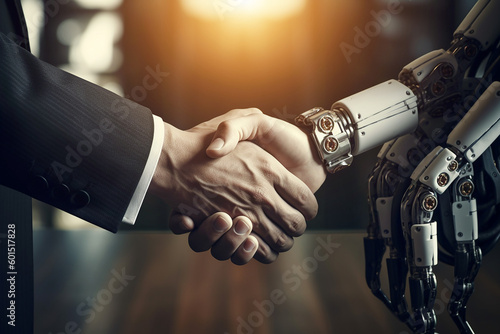 business people shaking hands between humans and robots with AI Generator