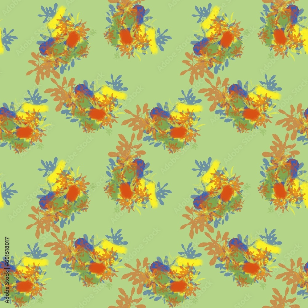 Seamless abstract botanical pattern. Simple background green, yellow, blue, red flowers. Digital brush strokes background. Design for textile fabrics, wrapping paper, background, wallpaper, cover.