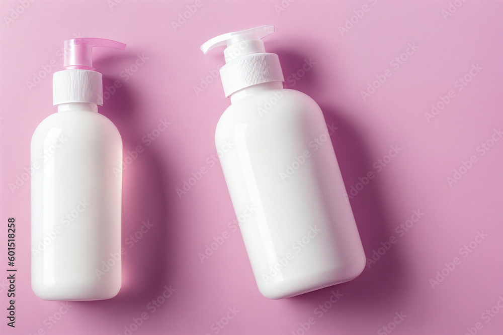 A perfume or a bottle for cosmetics on a pink background. Generative AI. A perfume or a bottle for cosmetics on a pink background. Generative AI.