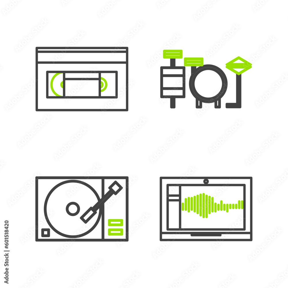 Set line Sound or audio recorder on laptop, Vinyl player with vinyl disk, Drums and VHS video cassette tape icon. Vector Set line Sound or audio recorder on laptop, Vinyl player with vinyl disk, Drums and VHS video cassette tape icon. Vector