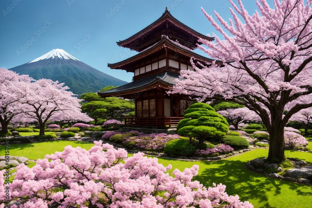 Sakura blossoms in japanese style ornamental garden, beautiful landscape. Generative AI.