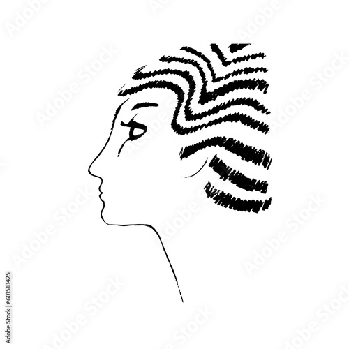 Female face hand-drawn doodle. Woman profile with the hairstyle. Suitable for barbershop design, postcards, print, emblems, and logos. Vector illustration.