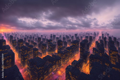 Aerial view of modern city at sunset, skyscrapers and street lights. Generative AI.