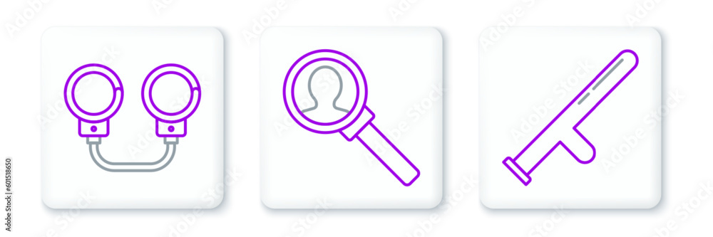 Set line Police rubber baton, Handcuffs and Magnifying glass for search icon. Vector