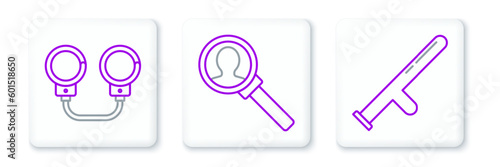 Set line Police rubber baton, Handcuffs and Magnifying glass for search icon. Vector