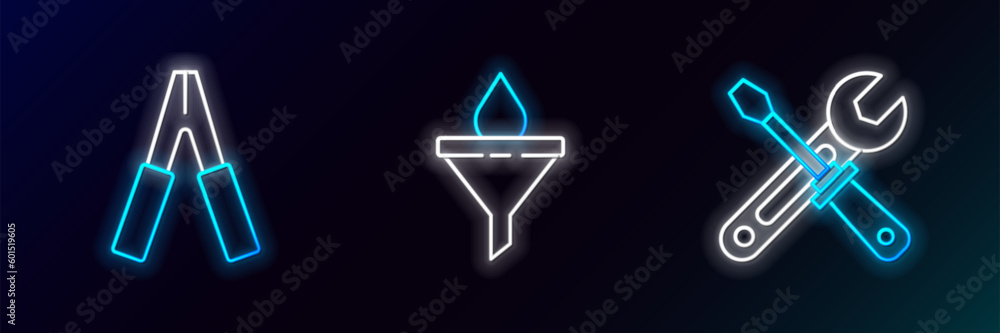 Set line Screwdriver and wrench tools, Car battery jumper power cable and Funnel or filter motor oil drop icon. Glowing neon. Vector Set line Screwdriver and wrench tools, Car battery jumper power cable and Funnel or filter motor oil drop icon. Glowing neon. Vector