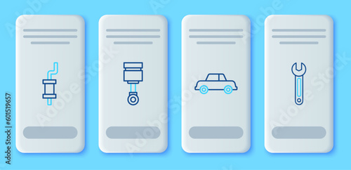 Set line Engine piston, Car, muffler and Wrench icon. Vector