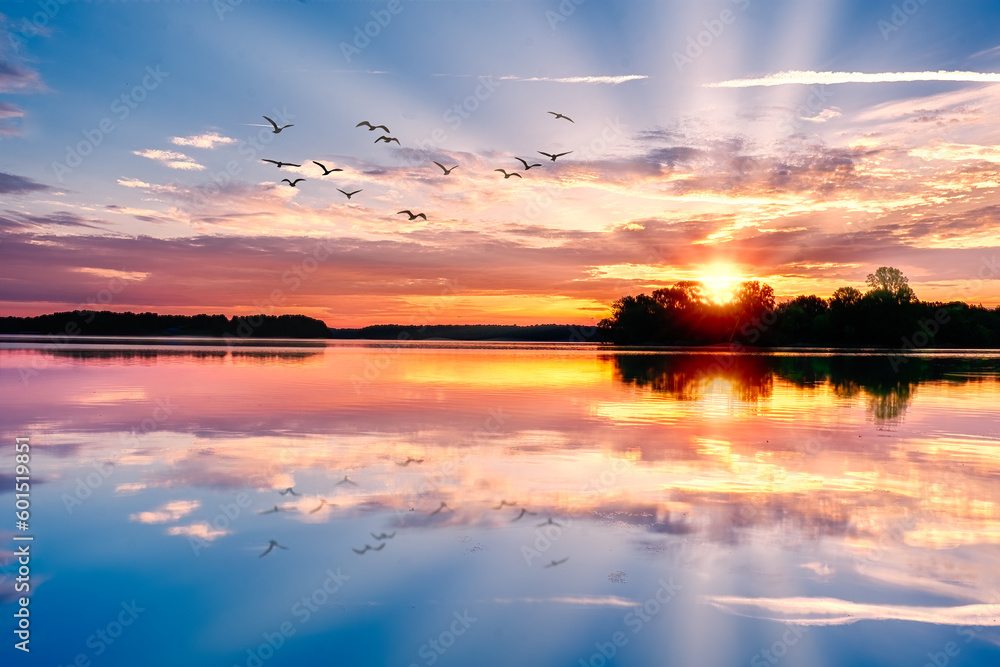 Beautiful sunrise over Woods Reservoir Lake birds flying and reflection near Tullahoma Tennessee.