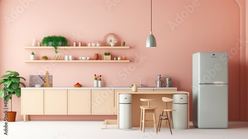 Modern kitchen in pastel colors. Illustration AI Generative.