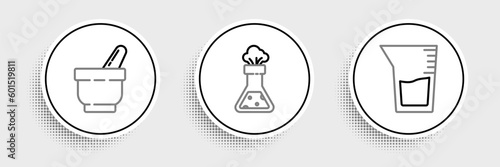 Set line Laboratory glassware or beaker, Mortar and pestle and Test tube flask chemical icon. Vector