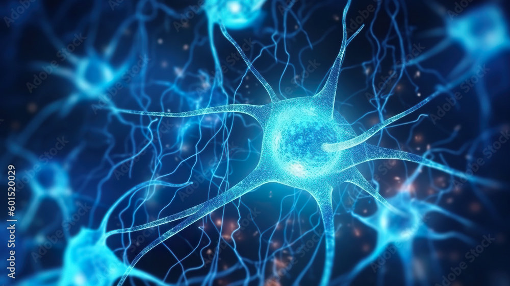 A close up of a cell, large neuron with blue lights and other brain cells A close up of a cell, large neuron with blue lights and other brain cells