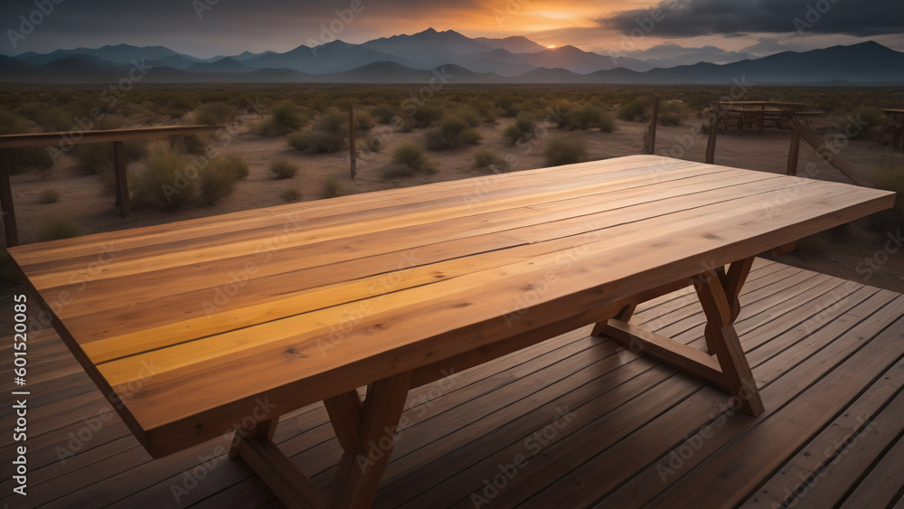 Wooden table at Sunset Nature background. Generative AI