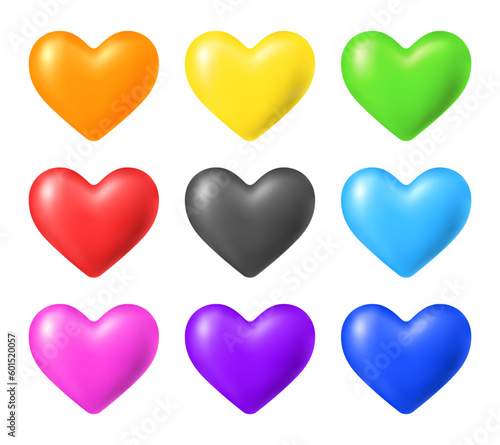 3D hearts collection isolated on white background. Red, orange, yellow, green, blue, purple, pink and black colors. Set of isolated vector design elements for icon, button, greeting card, invitation.