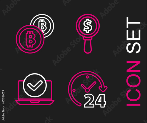 Set line Clock 24 hours, Laptop, Magnifying glass and dollar and Cryptocurrency coin Bitcoin icon. Vector