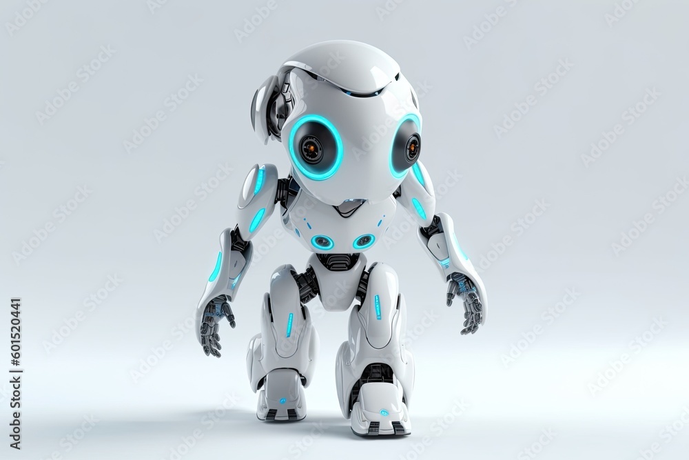 futuristic white robot with blue eyes standing on a blank white surface Generative AI