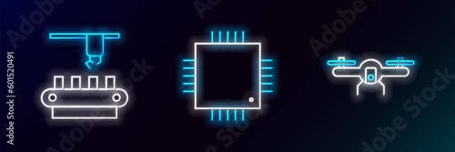 Set line Drone flying, Factory conveyor system belt and Processor with microcircuits CPU icon. Glowing neon. Vector