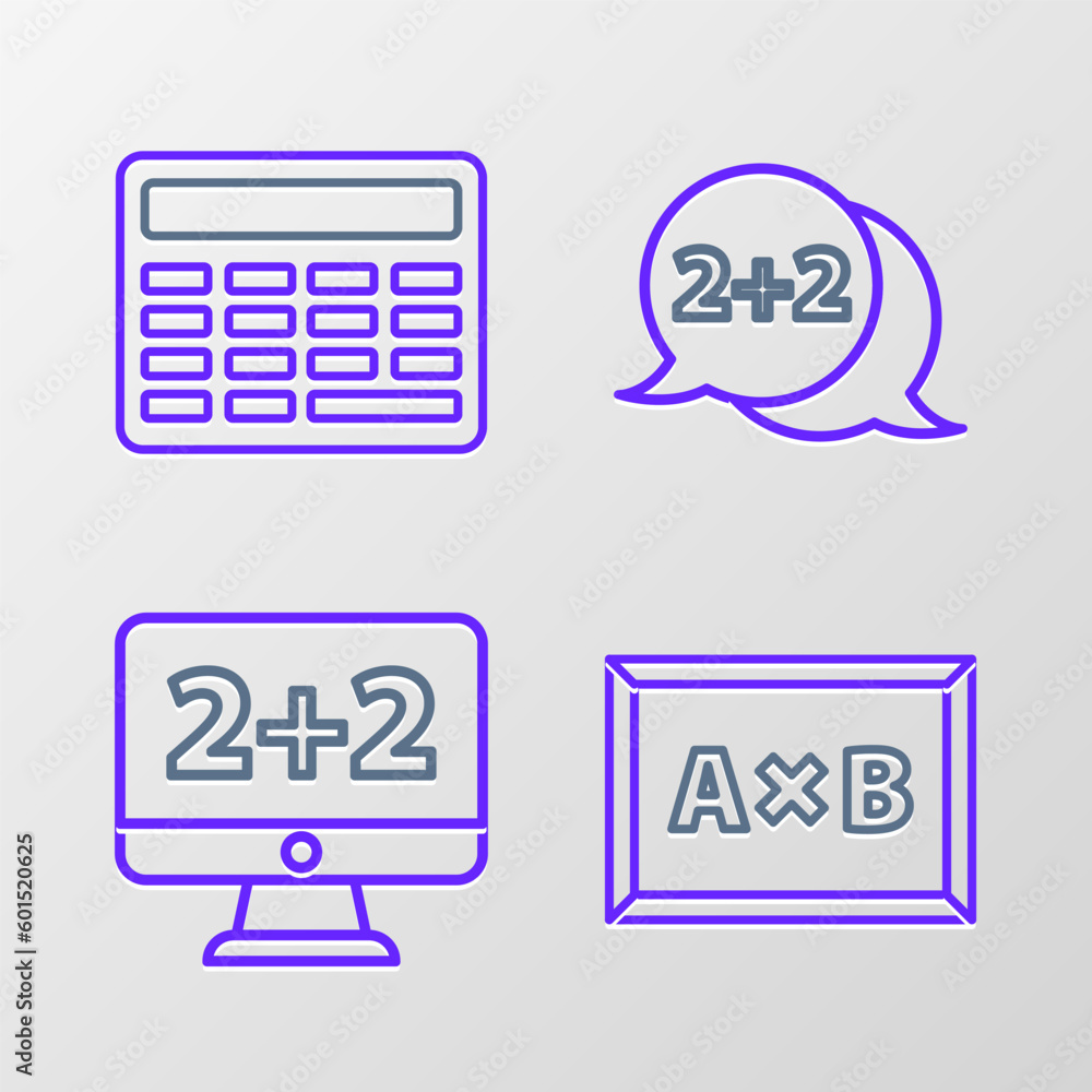 Set line Chalkboard, Equation solution, and Calculator icon. Vector Set line Chalkboard, Equation solution, and Calculator icon. Vector