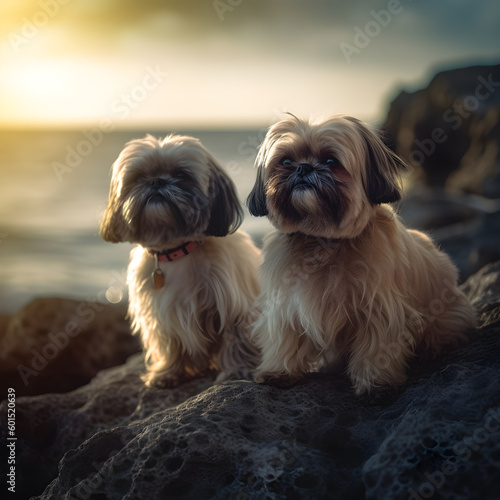 two shih tzus at a beach with the sea made with Generative AI
