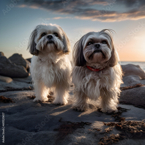 two shih tzus at a beach with the sea made with Generative AI