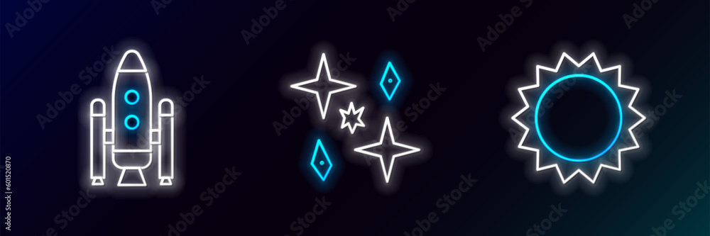 Set line Sun, Space shuttle and rockets and Planet icon. Glowing neon. Vector Set line Sun, Space shuttle and rockets and Planet icon. Glowing neon. Vector