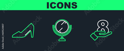 Set line 8 March on hand, Woman shoe and Round makeup mirror icon. Vector