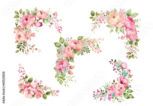 Watercolor pink flowers borders set. Vector vintage style. isoleted and editable.