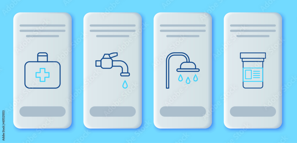 Set line Water tap, Shower head, First aid kit and Medicine bottle icon. Vector