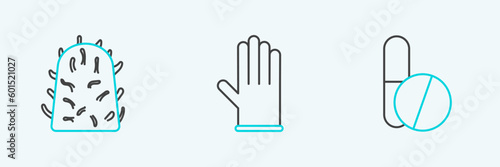 Set line Medicine pill or tablet, Rabies virus and Medical rubber gloves icon. Vector