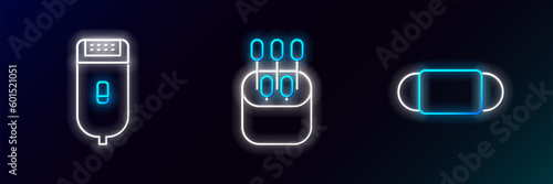 Set line Medical protective mask, Electrical hair clipper or shaver and Cotton swab for ears icon. Glowing neon. Vector
