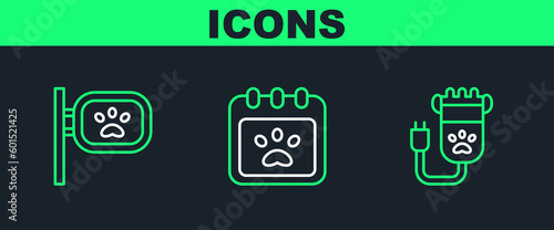 Set line Hair clipper pet, Pet grooming and Calendar icon. Vector