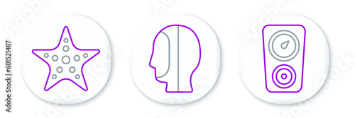 Set line Gauge scale, Starfish and Diving hood icon. Vector