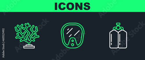 Set line Aqualung, Coral and Diving mask icon. Vector