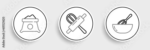 Set line Kitchen whisk and bowl, Bag of flour and rolling pin icon. Vector