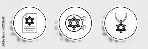 Set line Star of David necklace on chain, Torah scroll and Jewish synagogue icon. Vector
