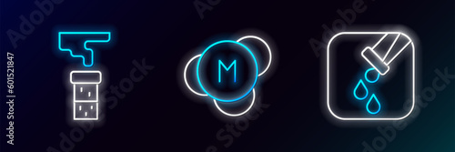 Set line Test tube and flask, and Molecule icon. Glowing neon. Vector