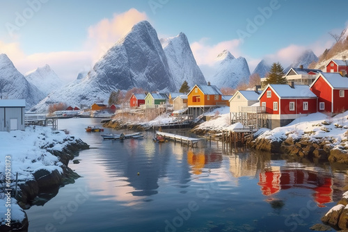 A view of a small town on a mountain side in Norway with reflection in water. Generative AI.
