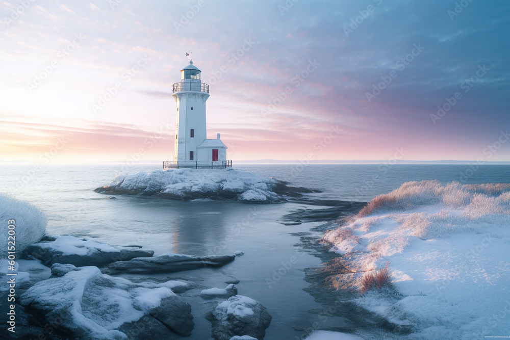 A light house sitting on top of a snow covered rock. Generative AI.