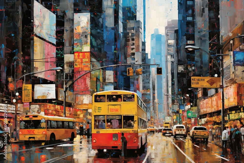 A painting of a vibrant and colorful cityscape with modern skyscrapers and traffic (Generative AI, Generativ, KI) A painting of a vibrant and colorful cityscape with modern skyscrapers and traffic (Generative AI, Generativ, KI)