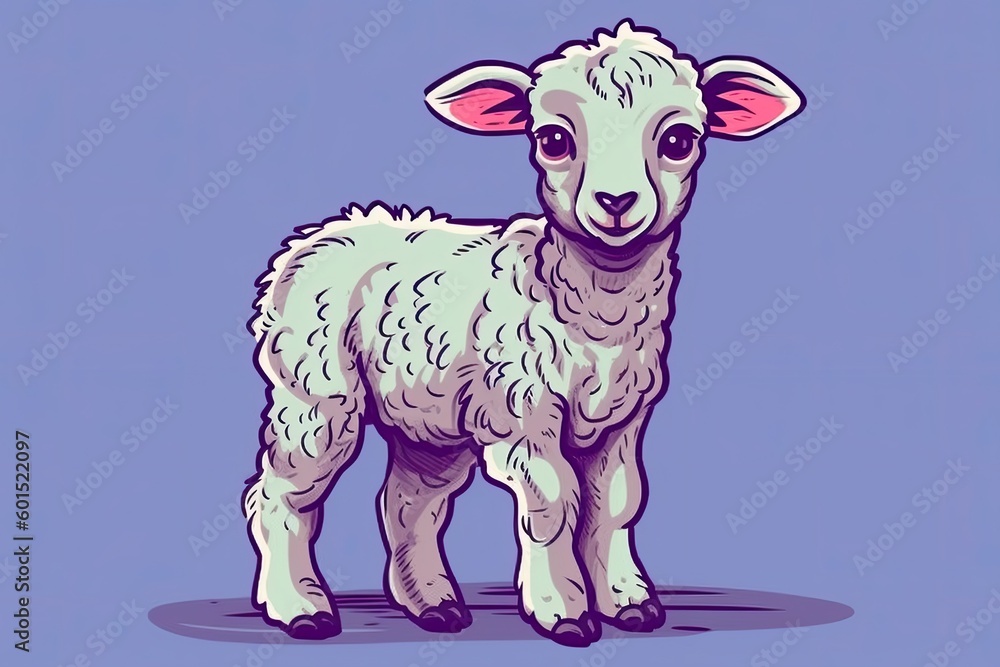 Fototapeta premium cute cartoon sheep standing on a blue background Generative AI
