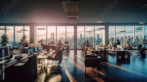 A fancy office with workers, big windows and a view of the big city skyline (Generative AI, Generativ, KI)